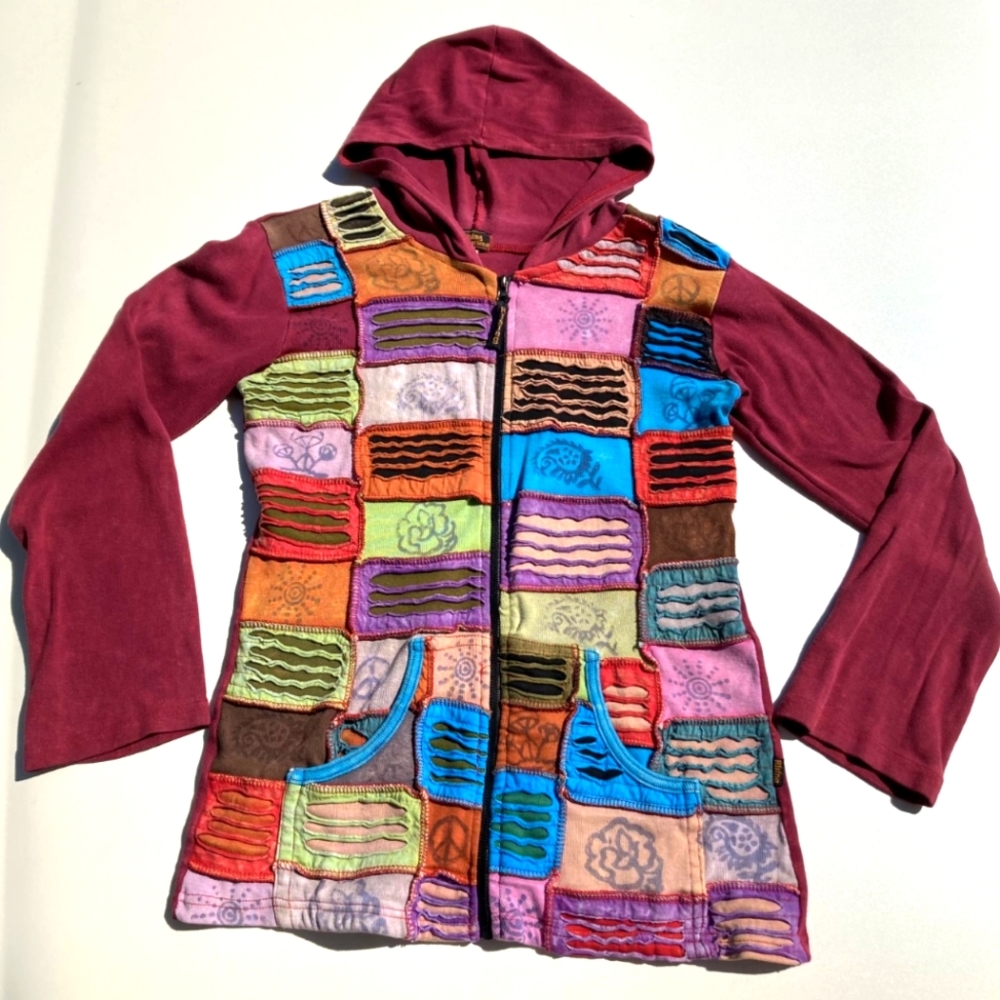 Boho Patchwork Hooded Sweater by Rising International Burgundy Size S